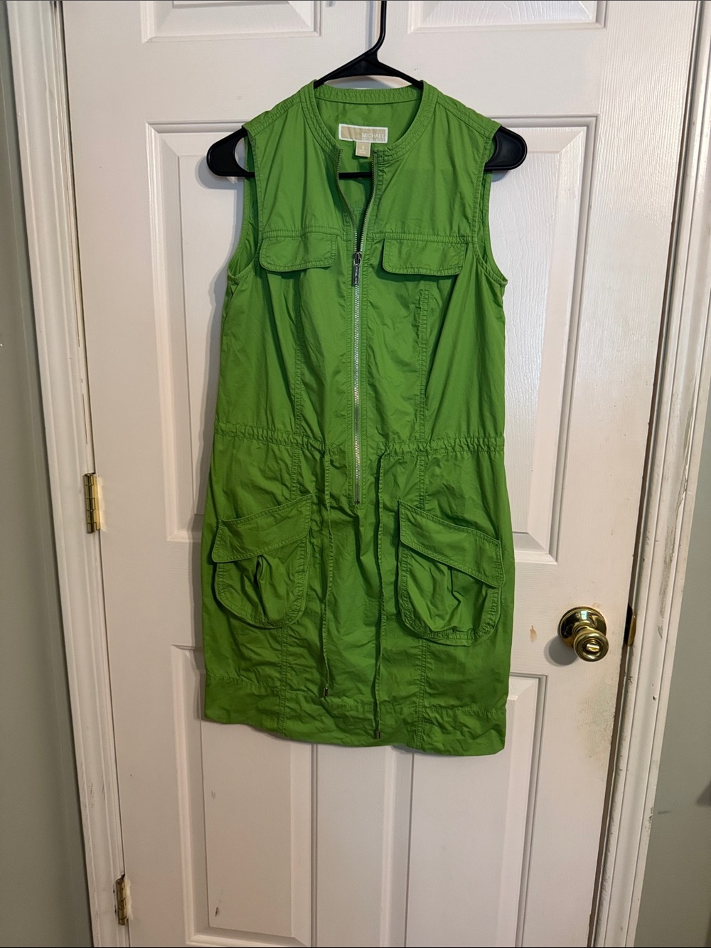 Michael Kors Bright Green Sleeveless Utility Shirtdress with Front Zip